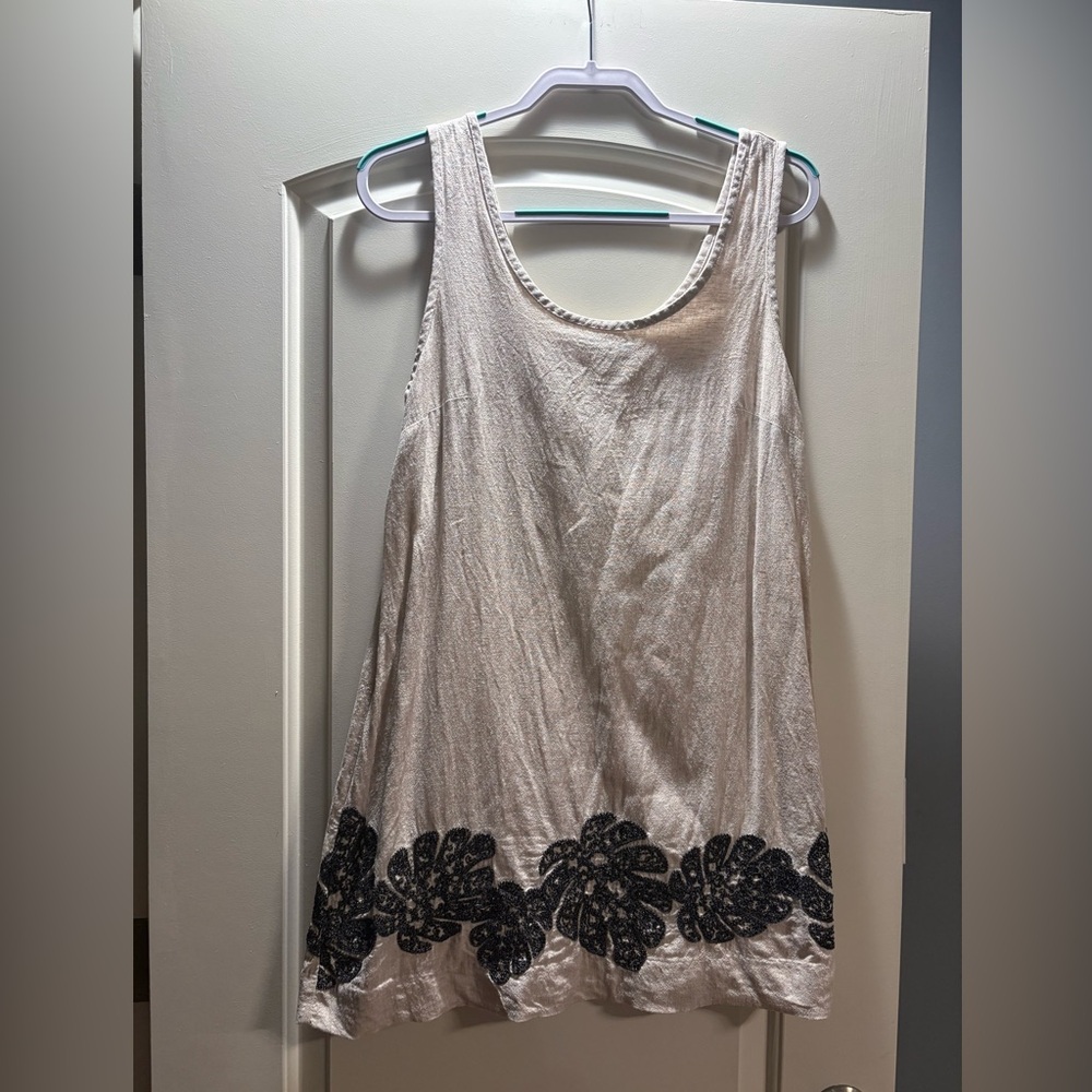 Cream Linen Tank Dress with Black Leaf Design